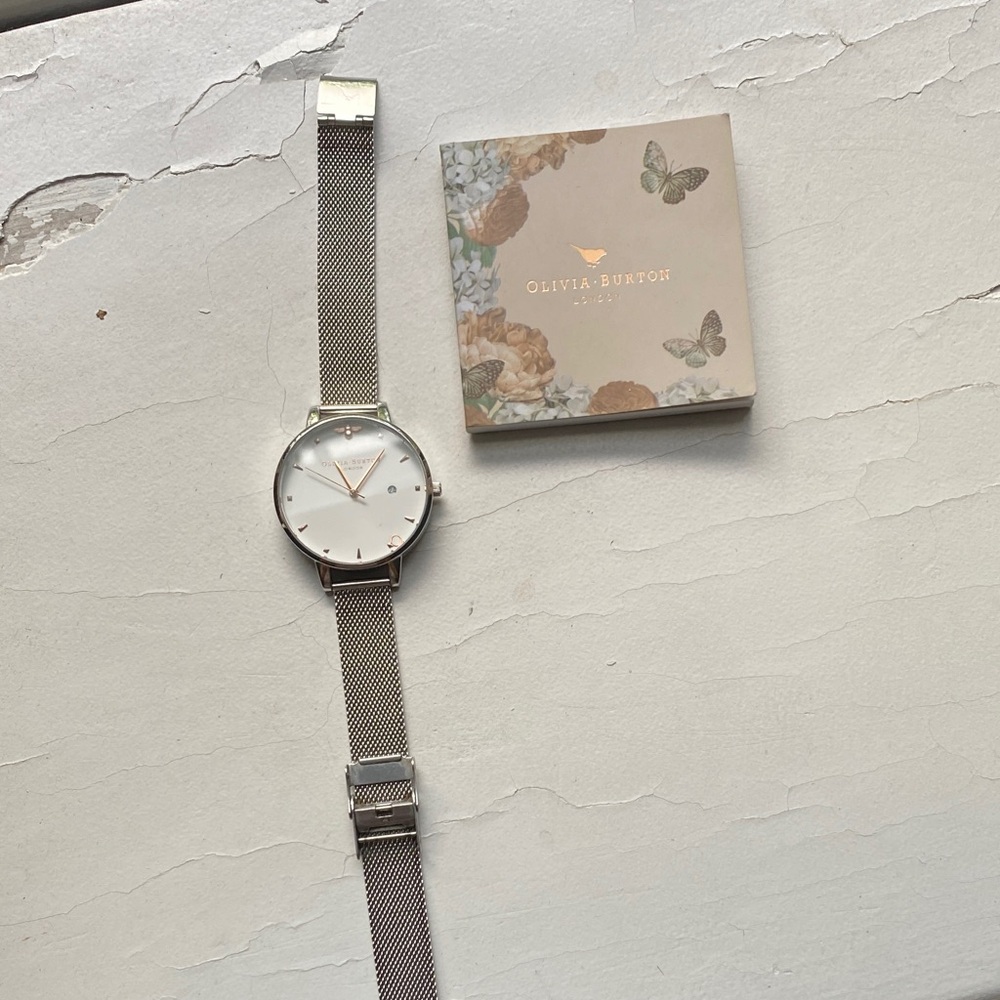 Olivia Burton White Dial Silver Mesh Watch